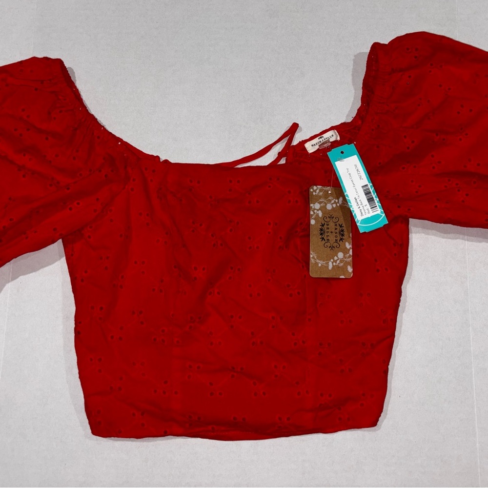 Mason & Belle Red Eyelet Puff Sleeve Lace-Up Back Top |  Small | New With Tags